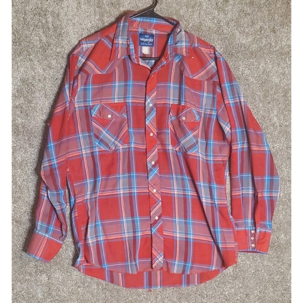 Wrangler Western Shirts Mens Red Plaid Pearl Snap Long Sleeve Lightweight Size L